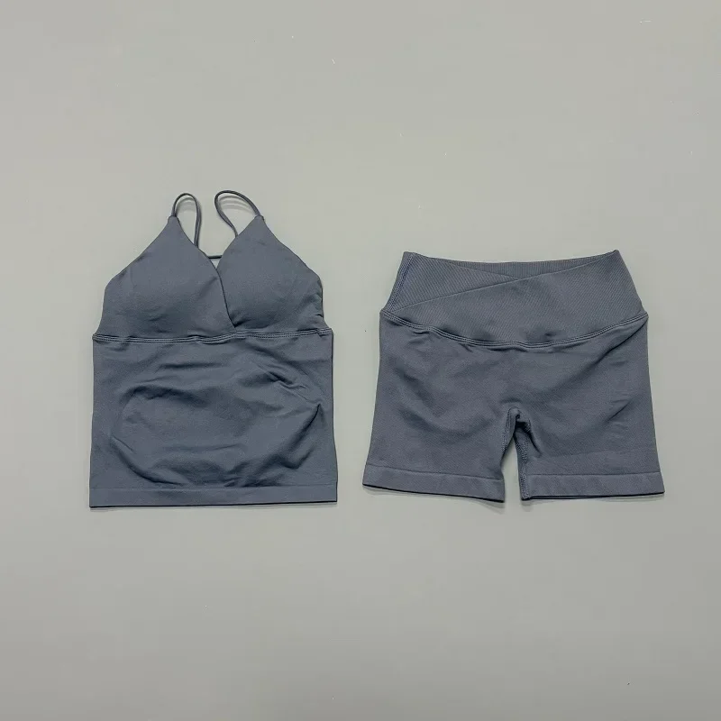 2 Pcs Sports Set Women Twist Front Longline Top Seamless Cross Waist Quick Dry Yoga Shorts Suit Gym Running Workout Fitness Sets