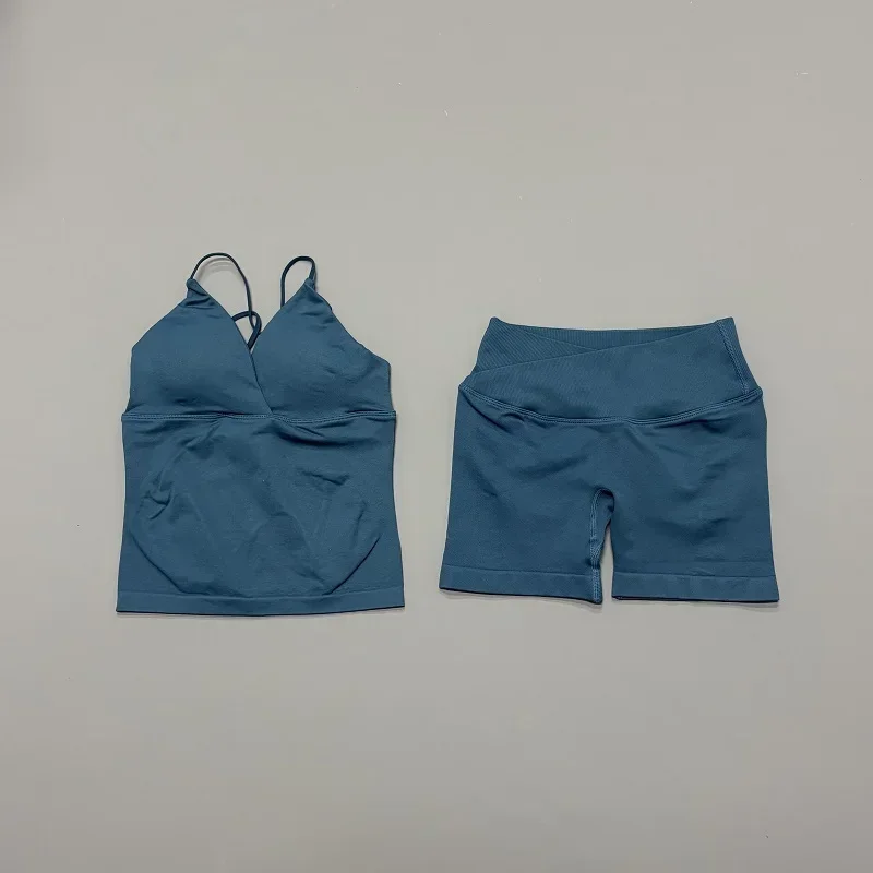2 Pcs Sports Set Women Twist Front Longline Top Seamless Cross Waist Quick Dry Yoga Shorts Suit Gym Running Workout Fitness Sets