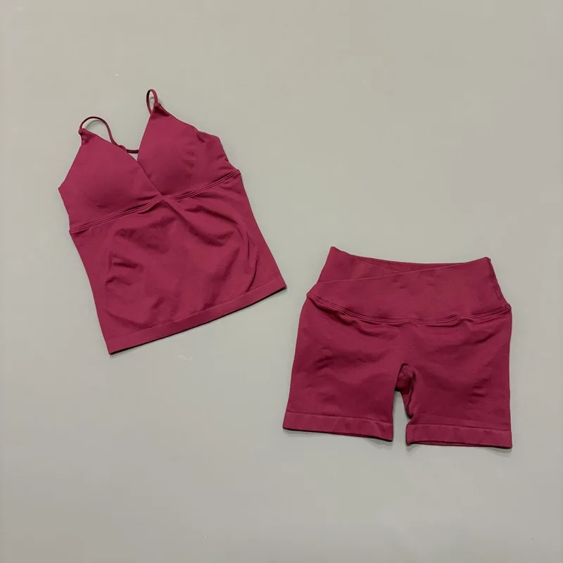 2 Pcs Sports Set Women Twist Front Longline Top Seamless Cross Waist Quick Dry Yoga Shorts Suit Gym Running Workout Fitness Sets
