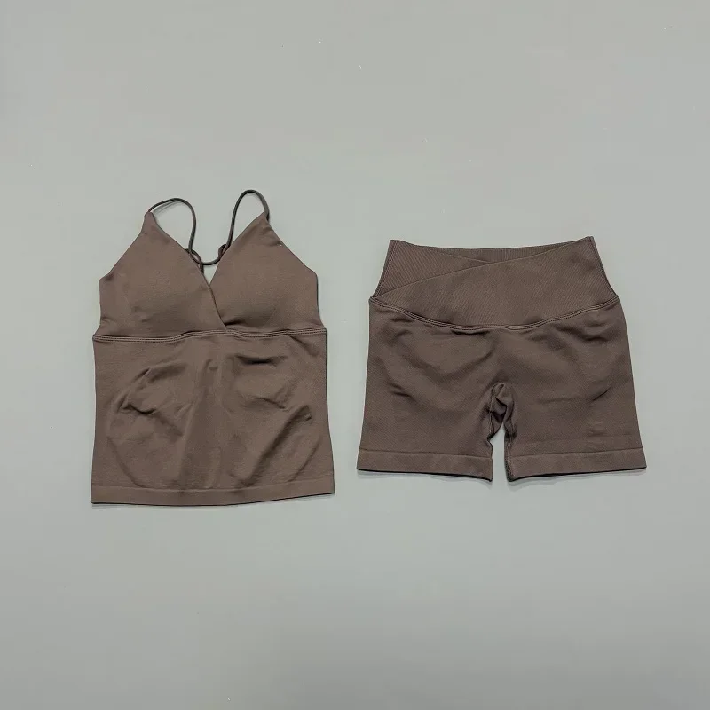 2 Pcs Sports Set Women Twist Front Longline Top Seamless Cross Waist Quick Dry Yoga Shorts Suit Gym Running Workout Fitness Sets