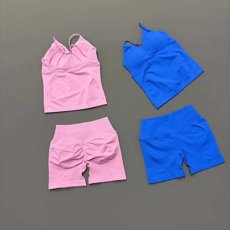 2 Pcs Sports Set Women Twist Front Longline Top Seamless Cross Waist Quick Dry Yoga Shorts Suit Gym Running Workout Fitness Sets