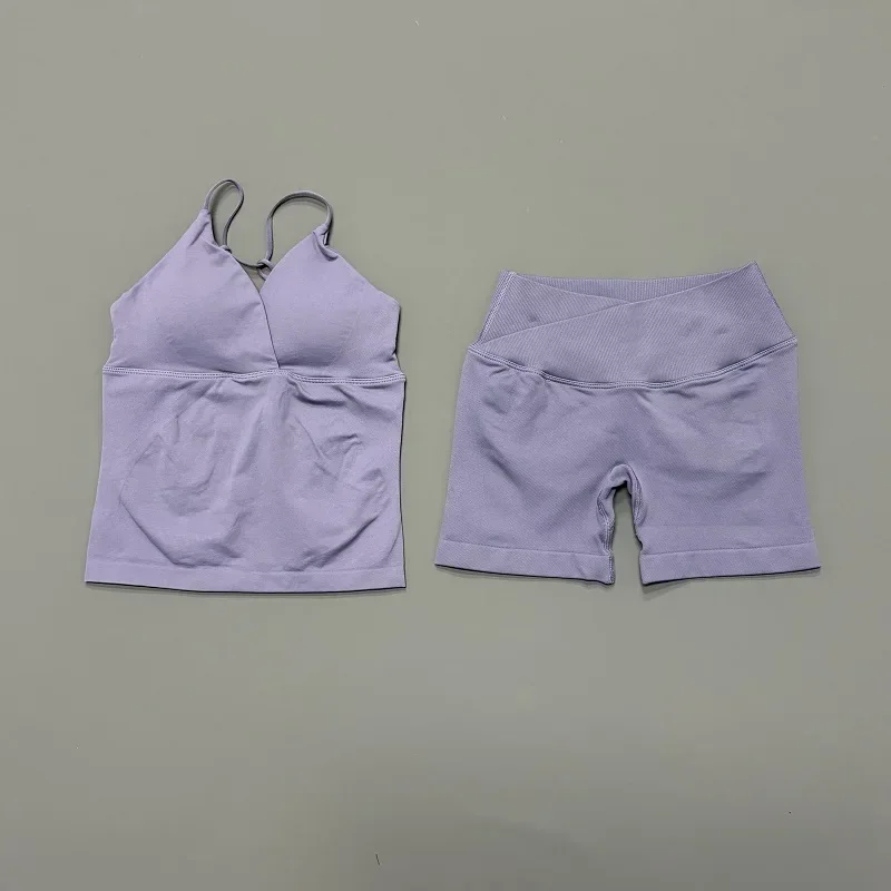2 Pcs Sports Set Women Twist Front Longline Top Seamless Cross Waist Quick Dry Yoga Shorts Suit Gym Running Workout Fitness Sets