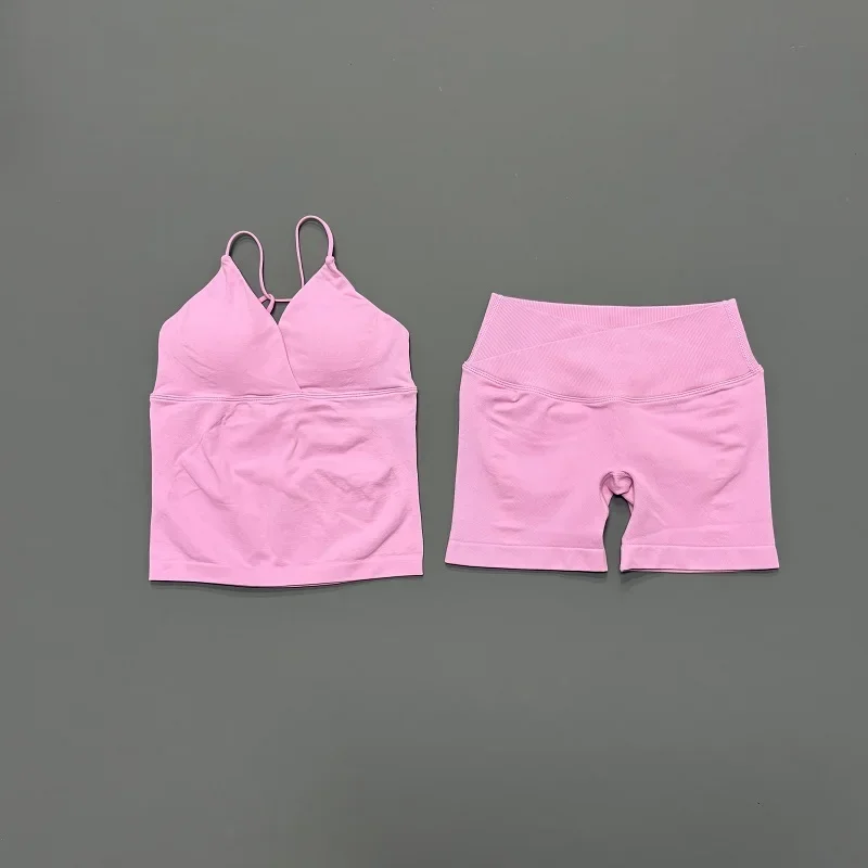 2 Pcs Sports Set Women Twist Front Longline Top Seamless Cross Waist Quick Dry Yoga Shorts Suit Gym Running Workout Fitness Sets