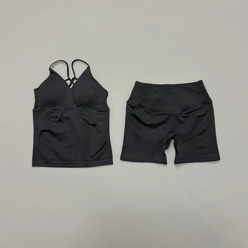 2 Pcs Sports Set Women Twist Front Longline Top Seamless Cross Waist Quick Dry Yoga Shorts Suit Gym Running Workout Fitness Sets