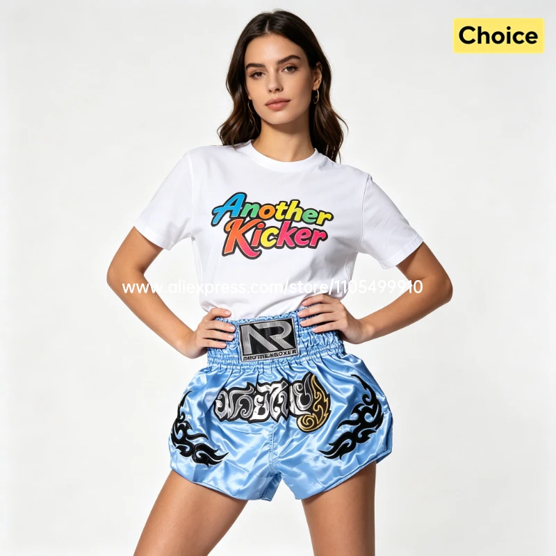 Tiger Muay Thai Shorts Embroidery Boxing Shorts Satin Kickboxing Fight Wear Men Women Kids MMA Training Competition Pants Blue