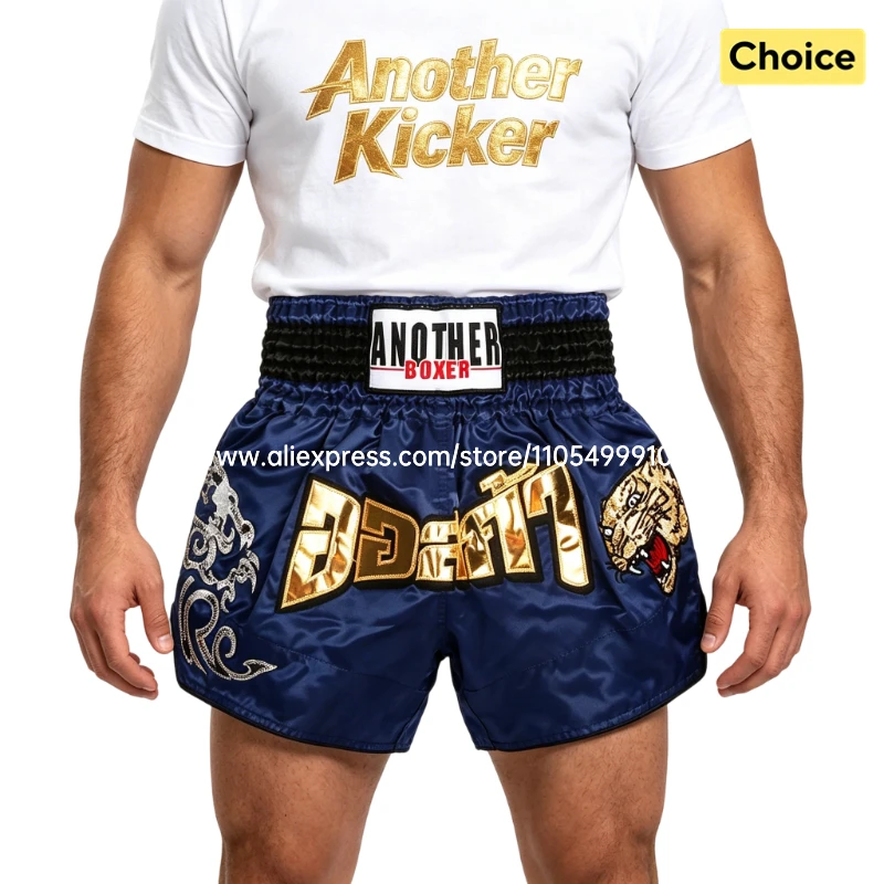 Tiger Muay Thai Shorts Embroidery Boxing Shorts Satin Kickboxing Fight Wear Men Women Kids MMA Training Competition Pants Blue