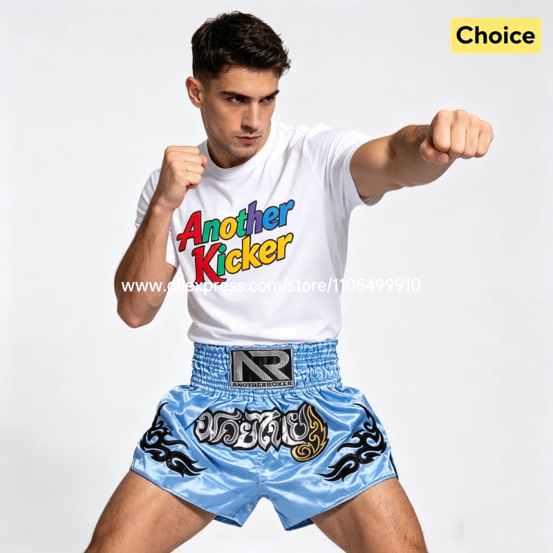 Tiger Muay Thai Shorts Embroidery Boxing Shorts Satin Kickboxing Fight Wear Men Women Kids MMA Training Competition Pants Blue