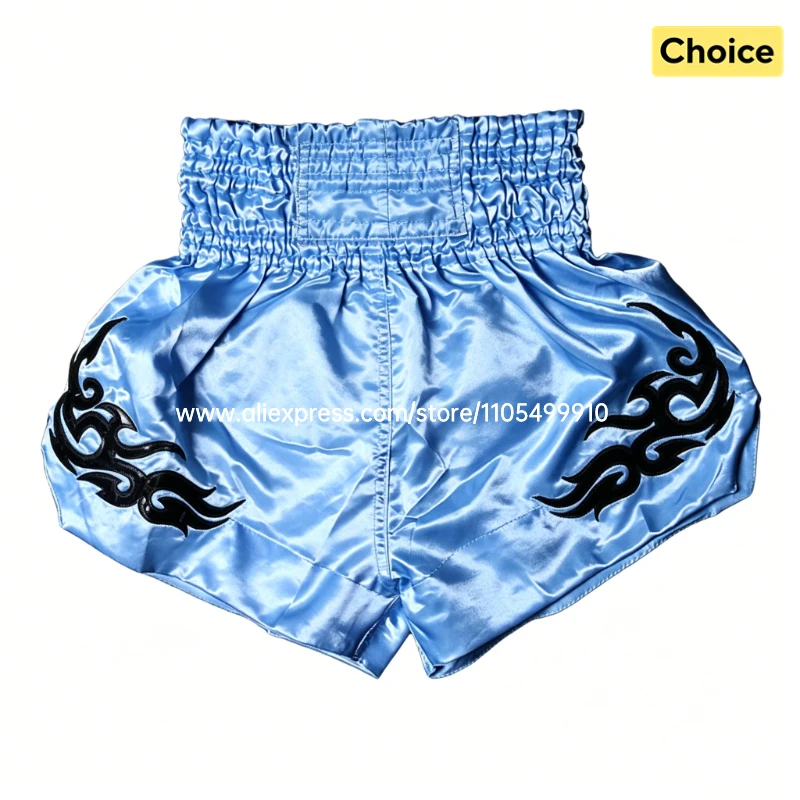 Tiger Muay Thai Shorts Embroidery Boxing Shorts Satin Kickboxing Fight Wear Men Women Kids MMA Training Competition Pants Blue