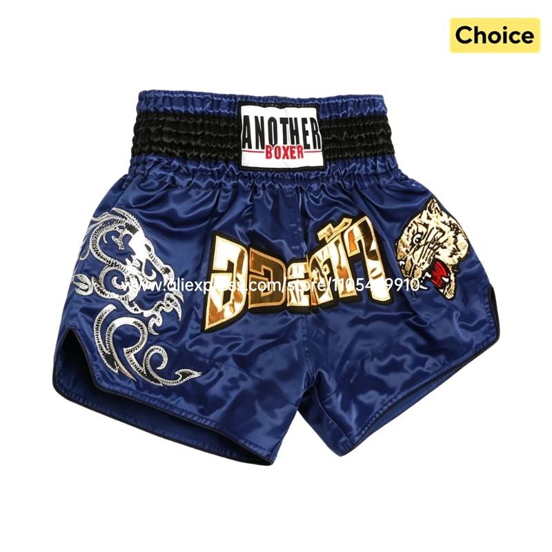 Tiger Muay Thai Shorts Embroidery Boxing Shorts Satin Kickboxing Fight Wear Men Women Kids MMA Training Competition Pants Blue