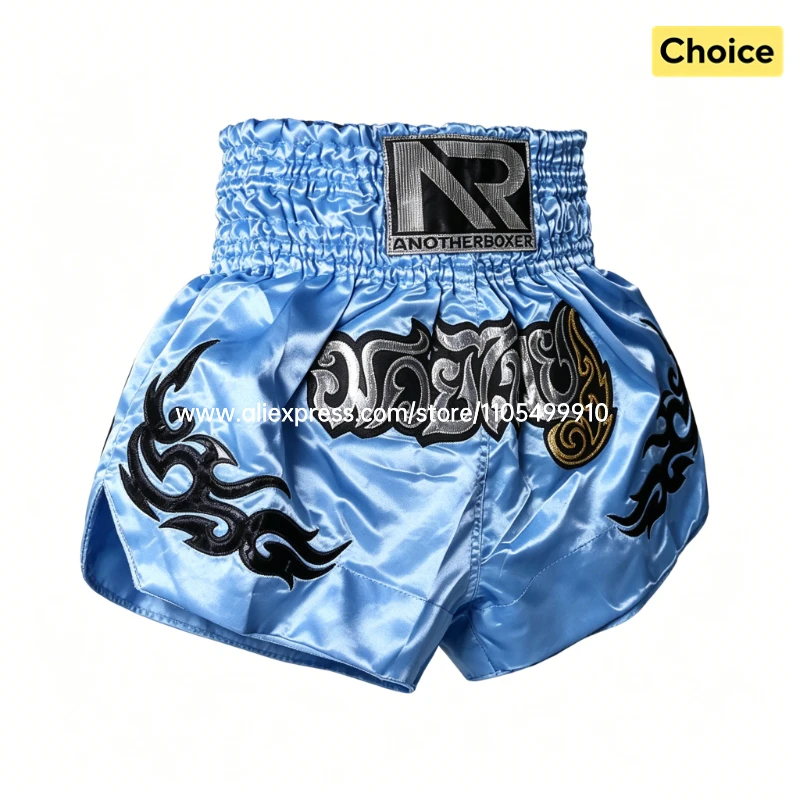 Tiger Muay Thai Shorts Embroidery Boxing Shorts Satin Kickboxing Fight Wear Men Women Kids MMA Training Competition Pants Blue