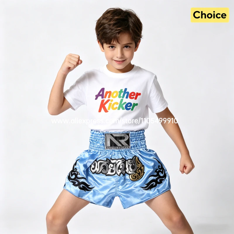 Tiger Muay Thai Shorts Embroidery Boxing Shorts Satin Kickboxing Fight Wear Men Women Kids MMA Training Competition Pants Blue