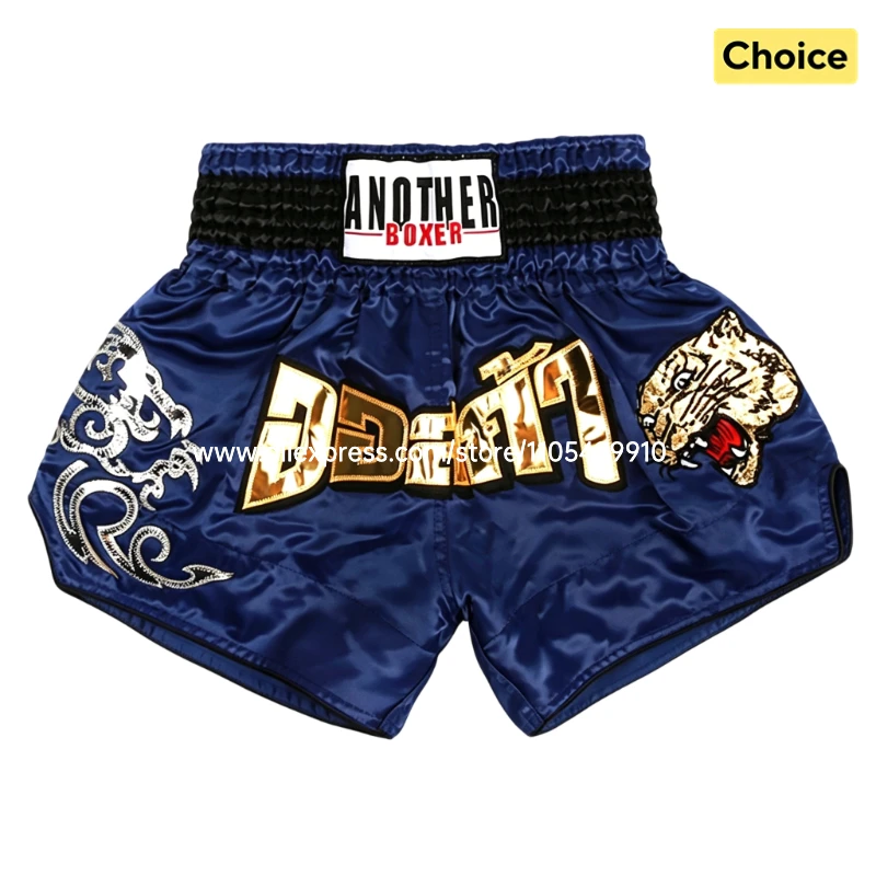 Tiger Muay Thai Shorts Embroidery Boxing Shorts Satin Kickboxing Fight Wear Men Women Kids MMA Training Competition Pants Blue