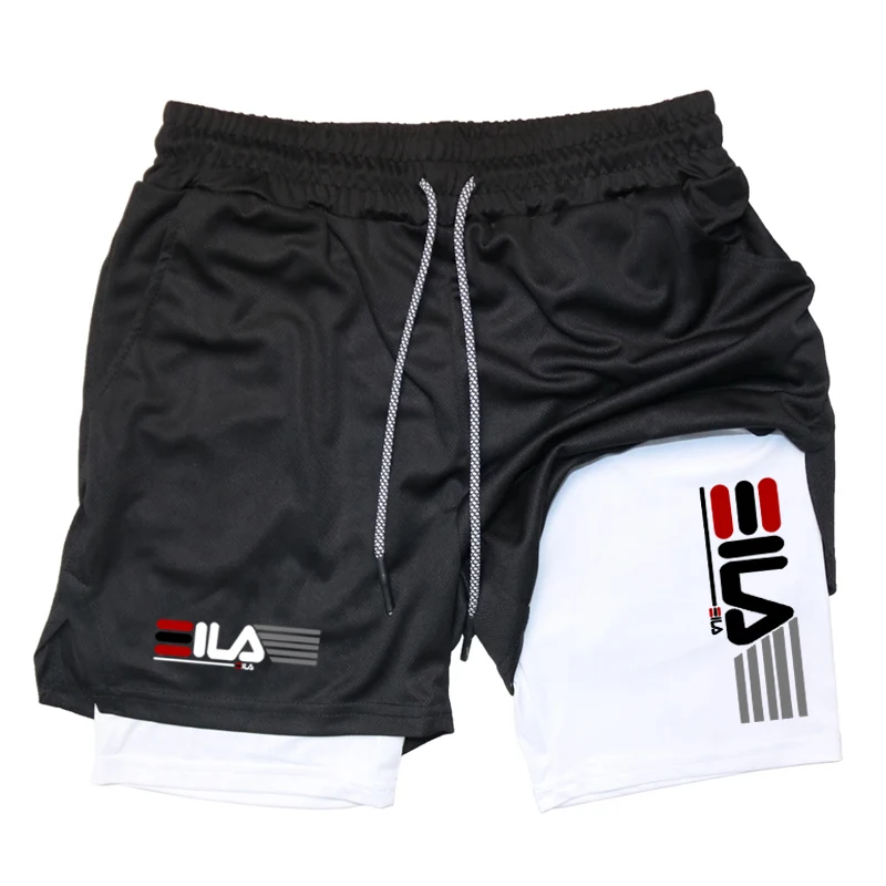 Double Deck Men's Compression Summer Gym Fitness 2-In-1 Double Layer Breathable Running Sports Shorts Casual Quick-Drying Beach
