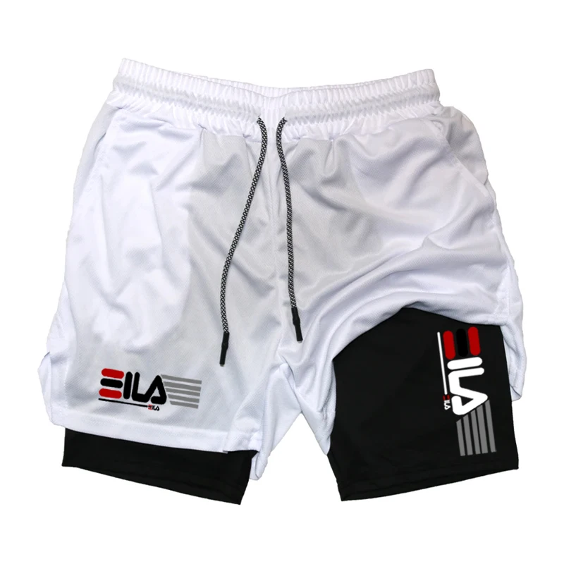 Double Deck Men's Compression Summer Gym Fitness 2-In-1 Double Layer Breathable Running Sports Shorts Casual Quick-Drying Beach