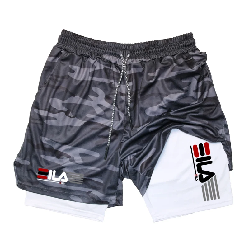 Double Deck Men's Compression Summer Gym Fitness 2-In-1 Double Layer Breathable Running Sports Shorts Casual Quick-Drying Beach