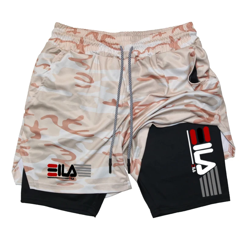 Double Deck Men's Compression Summer Gym Fitness 2-In-1 Double Layer Breathable Running Sports Shorts Casual Quick-Drying Beach