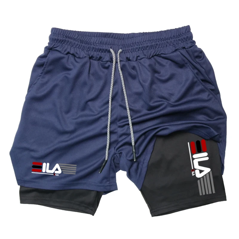 Double Deck Men's Compression Summer Gym Fitness 2-In-1 Double Layer Breathable Running Sports Shorts Casual Quick-Drying Beach