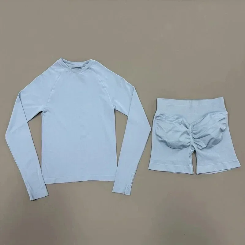2 Piece Gym Set Women Yoga Crew Neck Long Sleeve Top Butt Lifting Seamless Shorts Soft Lightweight Pilates Daily Fitness Outfit