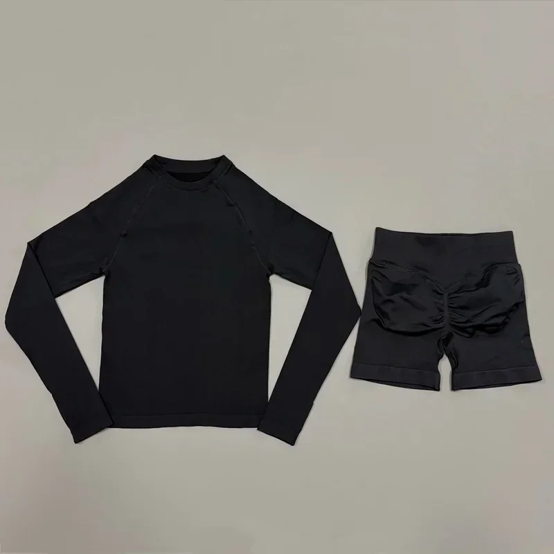 2 Piece Gym Set Women Yoga Crew Neck Long Sleeve Top Butt Lifting Seamless Shorts Soft Lightweight Pilates Daily Fitness Outfit