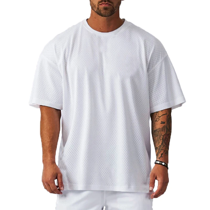 Men's Athletic Mesh Quick Dry Running T Shirt Short Sleeve Crew Neck Loose Oversized Fit Dropped Shoulders Workout Training Tops