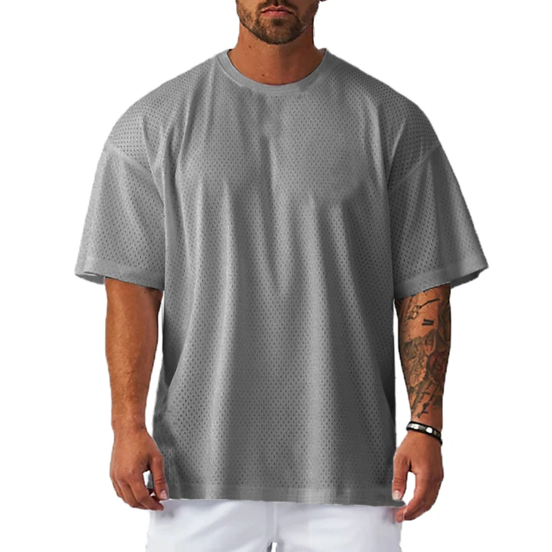 Men's Athletic Mesh Quick Dry Running T Shirt Short Sleeve Crew Neck Loose Oversized Fit Dropped Shoulders Workout Training Tops