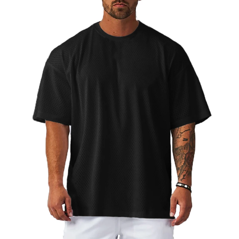 Men's Athletic Mesh Quick Dry Running T Shirt Short Sleeve Crew Neck Loose Oversized Fit Dropped Shoulders Workout Training Tops