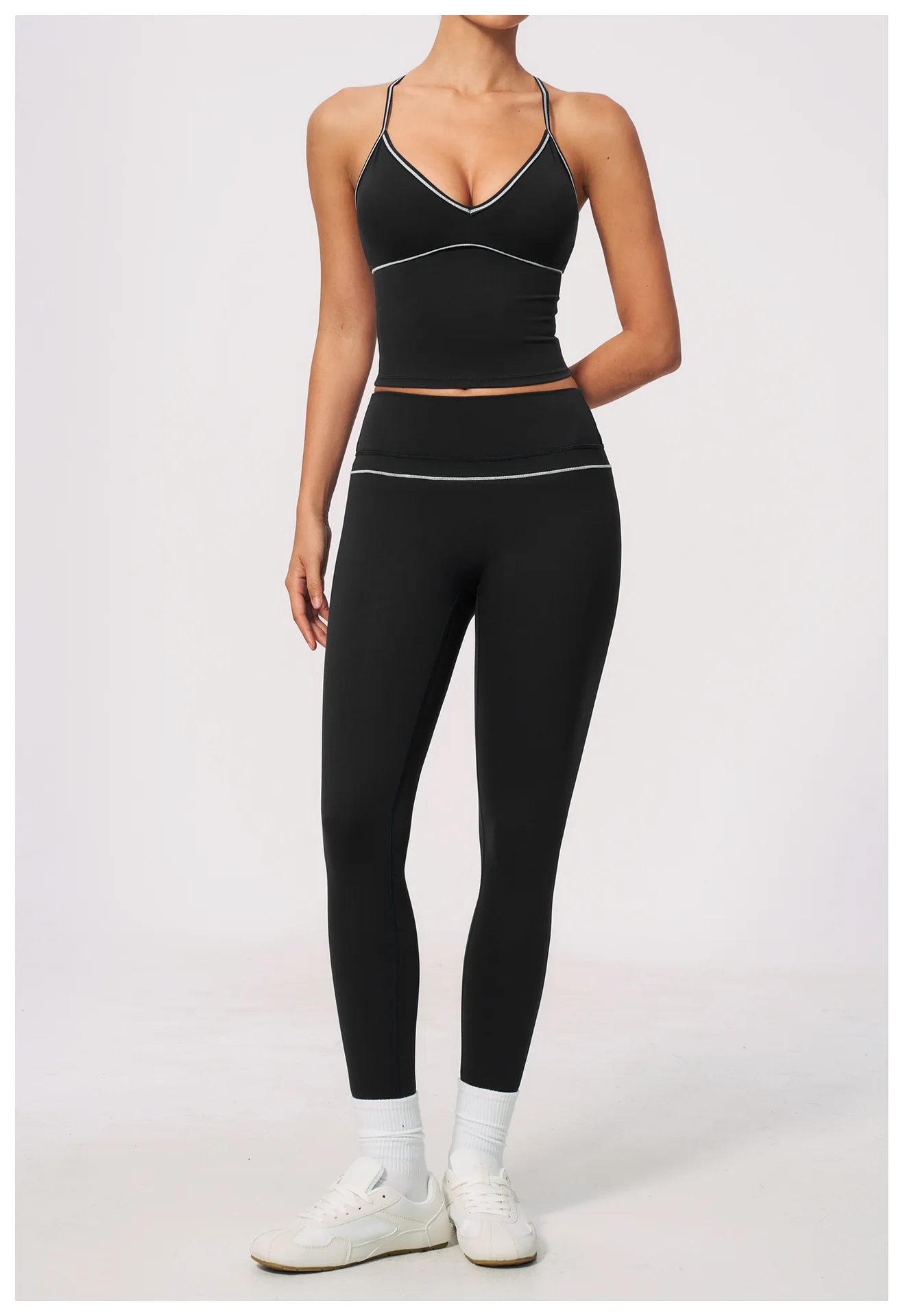 Women High Waist Yoga Leggings V Back Contrast Stitching Butt Lifting Gym Pants Tummy Control Workout Tights Running Sportswear