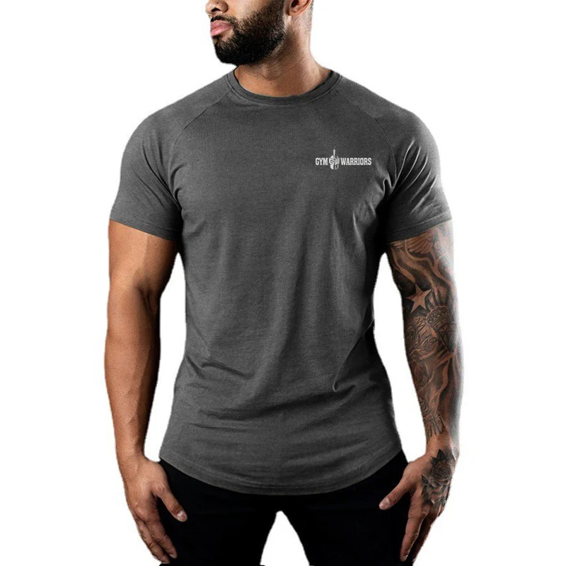 Mens Running Absorb Sweat T-Shirts Gym Bodybuilding Tee Shirts Summer Cotton Short Sleeve Fitness Shirts Casual Sports Clothing