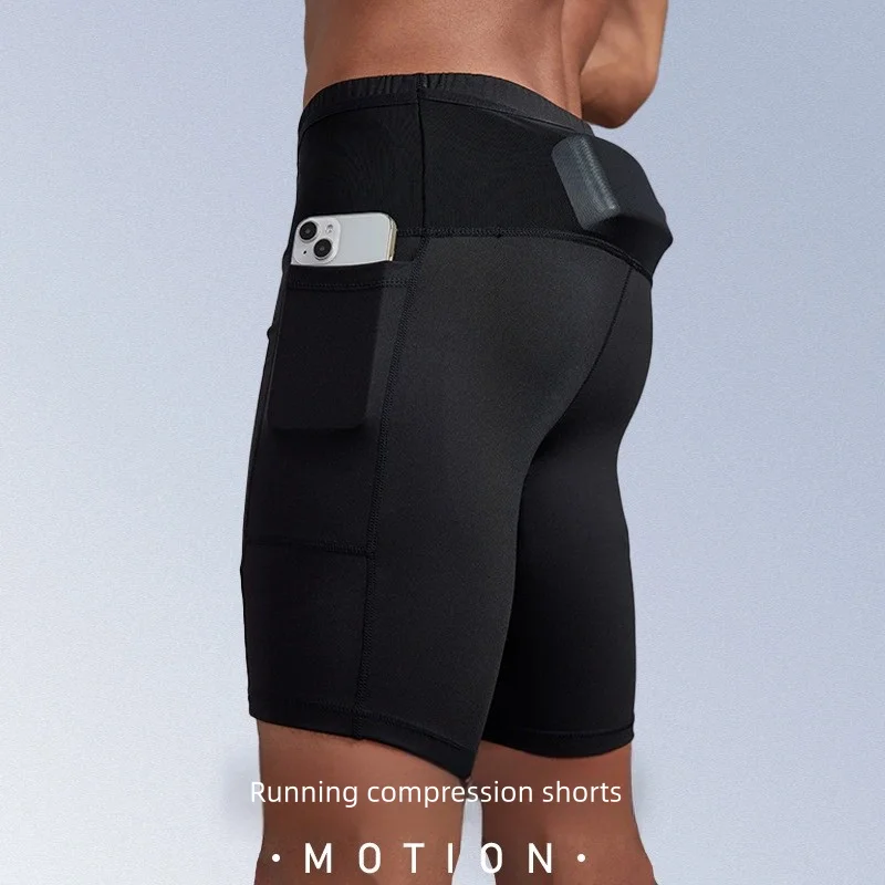 Men's High Waist Compression Running Shorts Quick Dry Breathable Gym Workout Marathon Shorts with Pockets