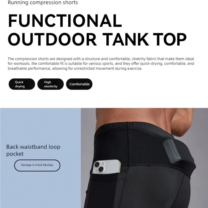 Men's High Waist Compression Running Shorts Quick Dry Breathable Gym Workout Marathon Shorts with Pockets