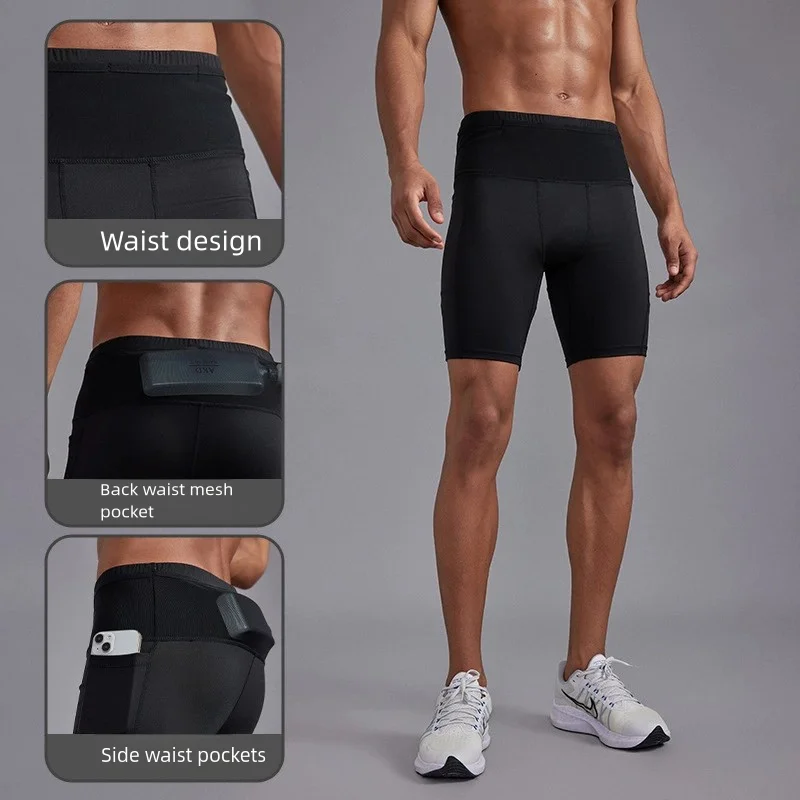 Men's High Waist Compression Running Shorts Quick Dry Breathable Gym Workout Marathon Shorts with Pockets