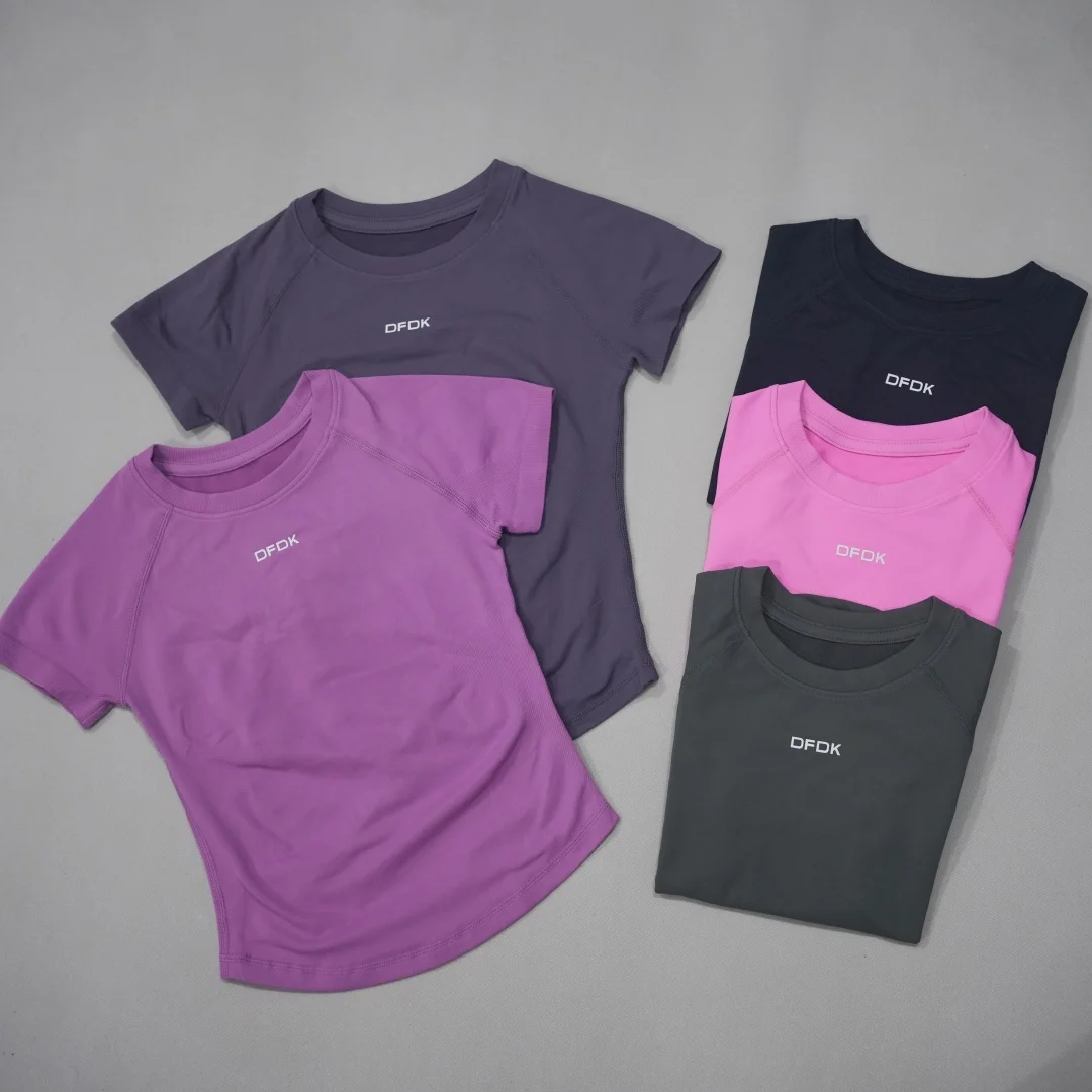 DFDK Women Round Neck Sports T Shirt Breathable Short Sleeve Elastic Slim Fit Casual Tee Gym Yoga Running Training Workout Top