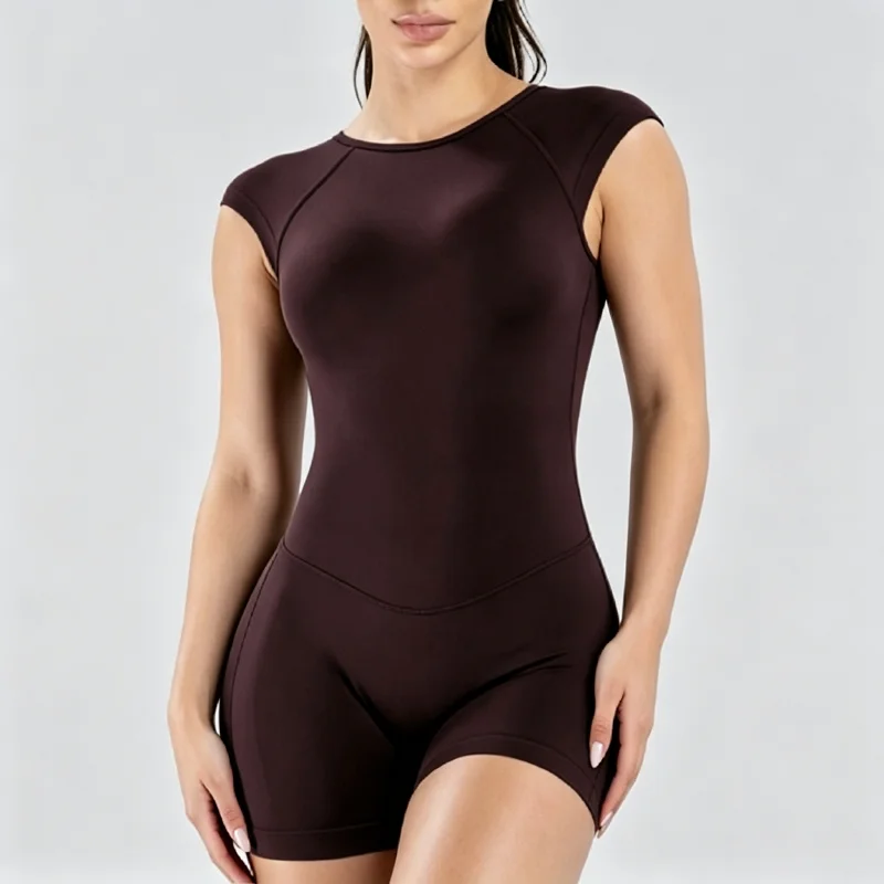 HISTELLO Impact Short Sleeve One Piece Women Backless Yoga Bodysuit Soft Stretch Butt Lift Gym Workout Athletic Romper