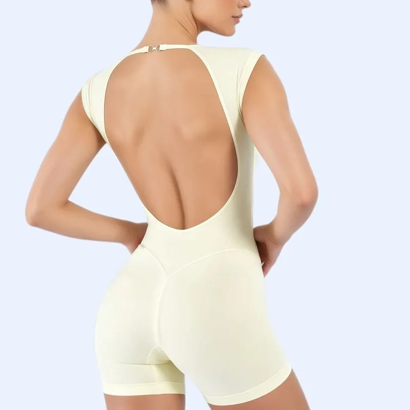 HISTELLO Impact Short Sleeve One Piece Women Gym Bodysuit Yoga Workout Slim Fit Backless Clothes Fitness Running Sports Jumpsuit