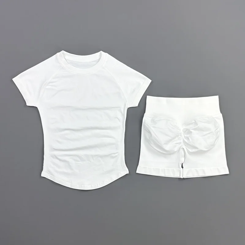 HISTELLO Impact Shorts Set 2 Pieces Women Soprts Short Sleeve Top Seamless Yoga Leggings Fitness Sets Running Workout Gym Suit