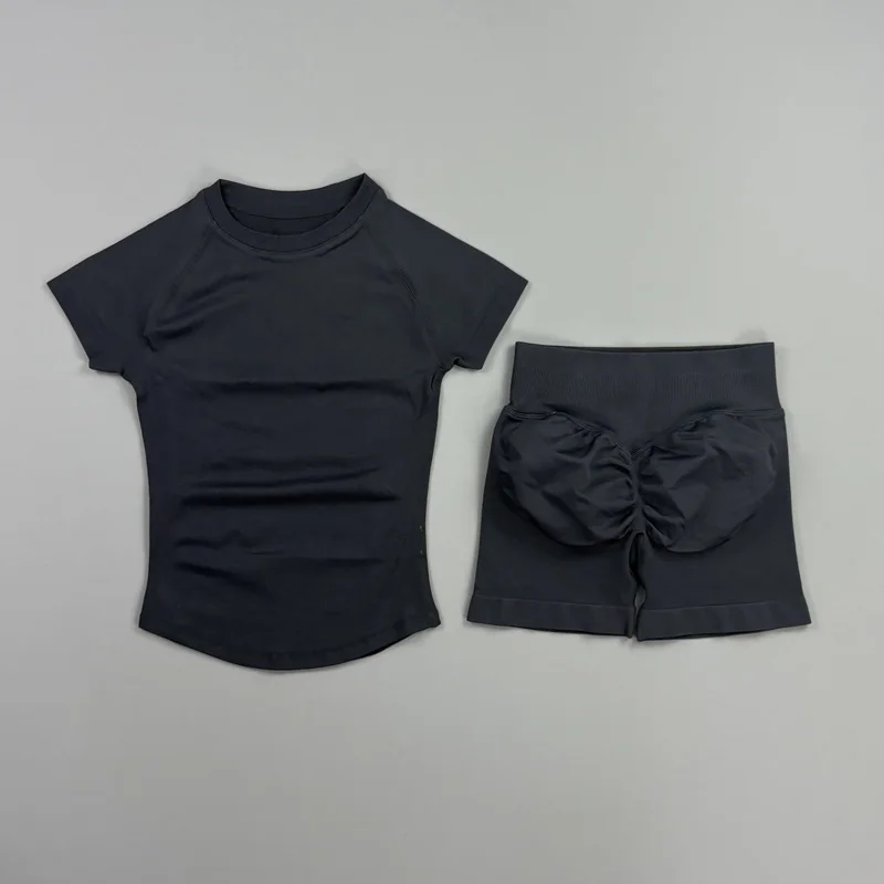 HISTELLO Impact Shorts Set 2 Pieces Women Soprts Short Sleeve Top Seamless Yoga Leggings Fitness Sets Running Workout Gym Suit