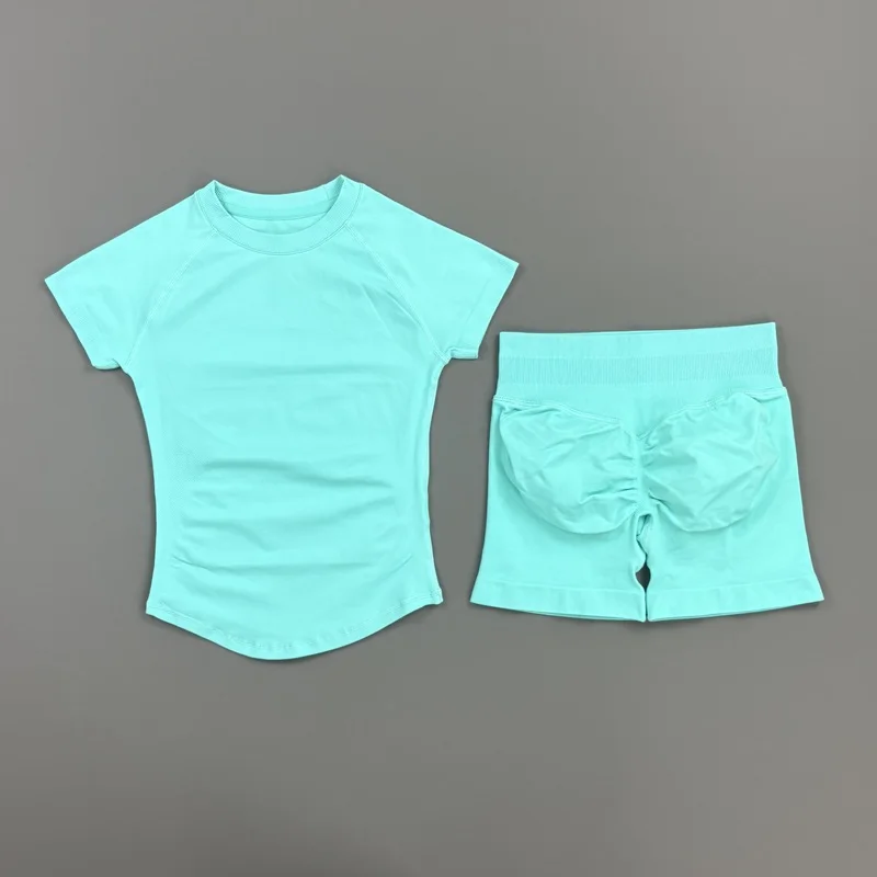 HISTELLO Impact Shorts Set 2 Pieces Women Soprts Short Sleeve Top Seamless Yoga Leggings Fitness Sets Running Workout Gym Suit