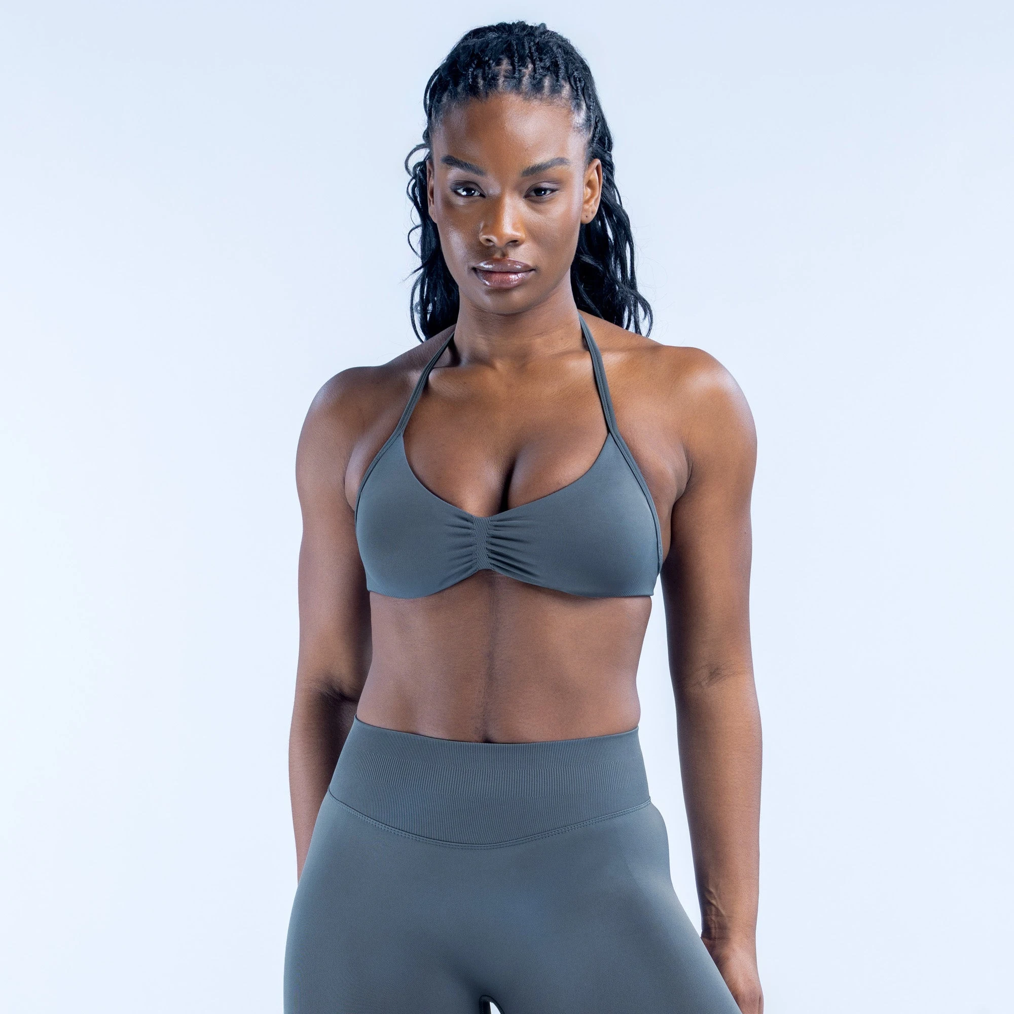 2 Piece Sports Gym Set Strappy Bra Ruched Backless Halter Push Up Yoga Scrunch Shorts Running Sportswear Woman Seamless Yoga Set