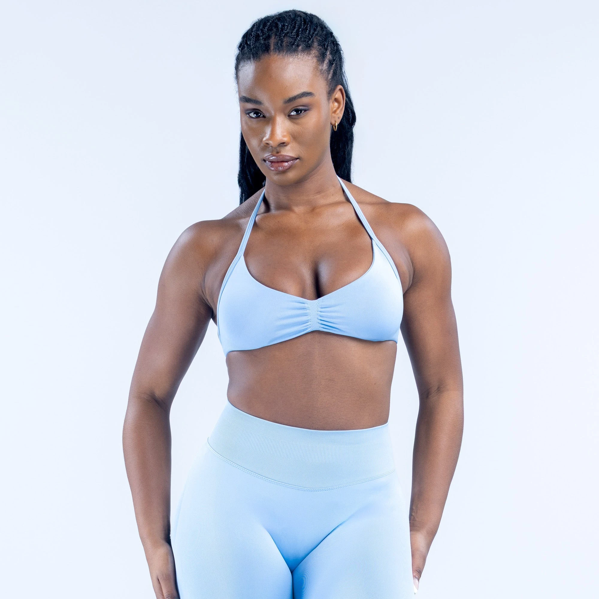 2 Piece Sports Gym Set Strappy Bra Ruched Backless Halter Push Up Yoga Scrunch Shorts Running Sportswear Woman Seamless Yoga Set
