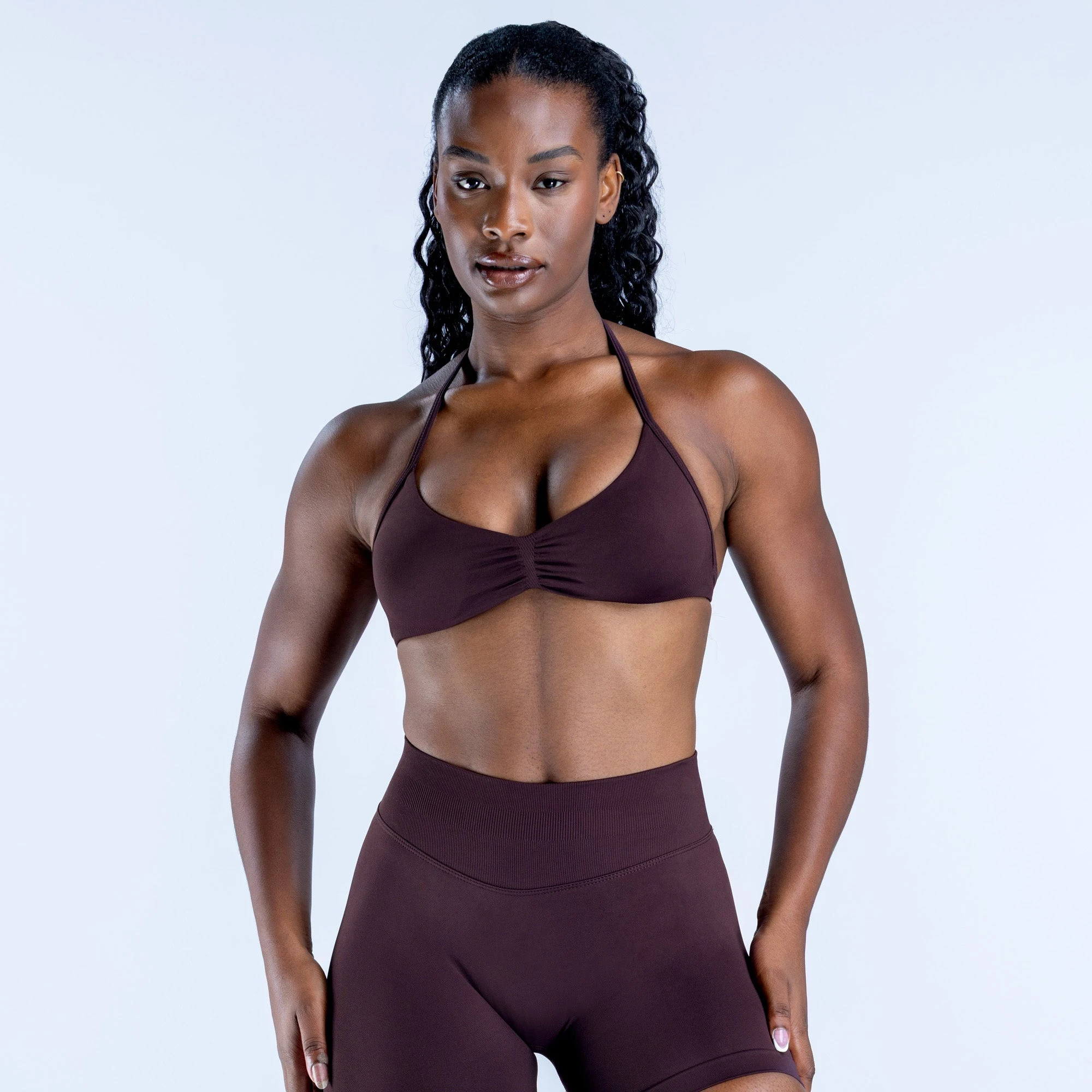 2 Piece Sports Gym Set Strappy Bra Ruched Backless Halter Push Up Yoga Scrunch Shorts Running Sportswear Woman Seamless Yoga Set