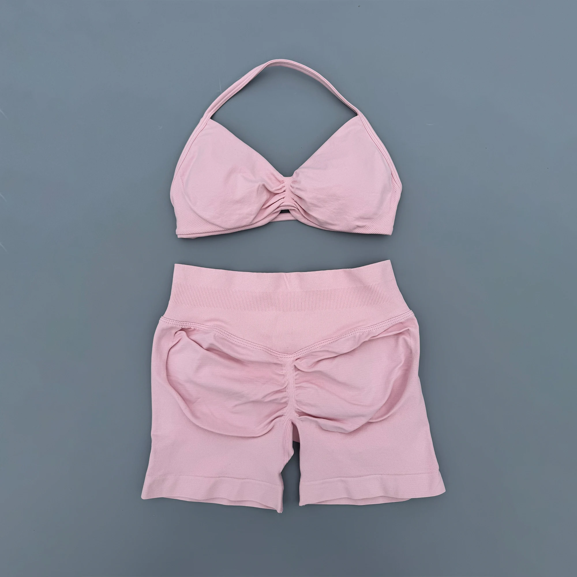 2 Piece Sports Gym Set Strappy Bra Ruched Backless Halter Push Up Yoga Scrunch Shorts Running Sportswear Woman Seamless Yoga Set