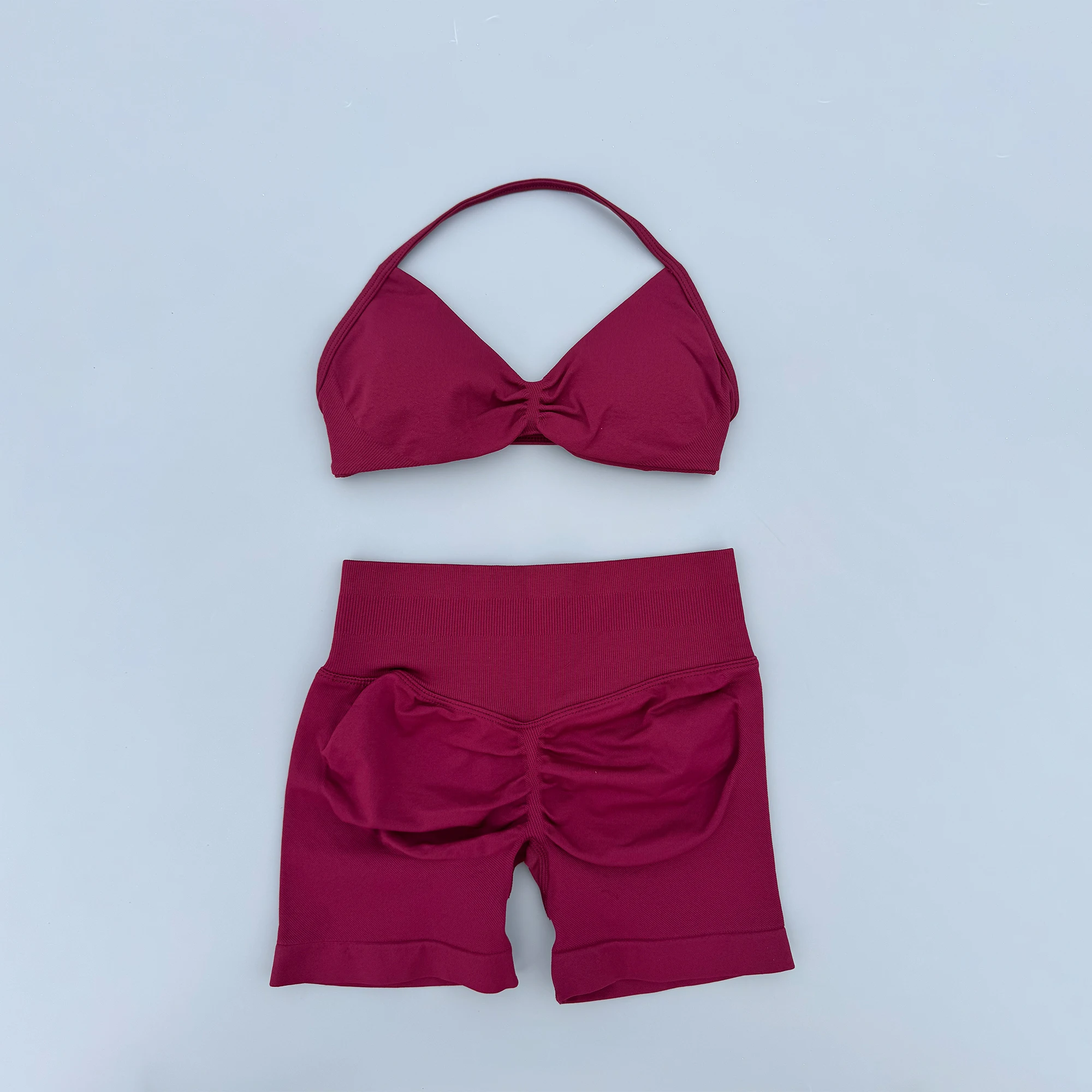 2 Piece Sports Gym Set Strappy Bra Ruched Backless Halter Push Up Yoga Scrunch Shorts Running Sportswear Woman Seamless Yoga Set