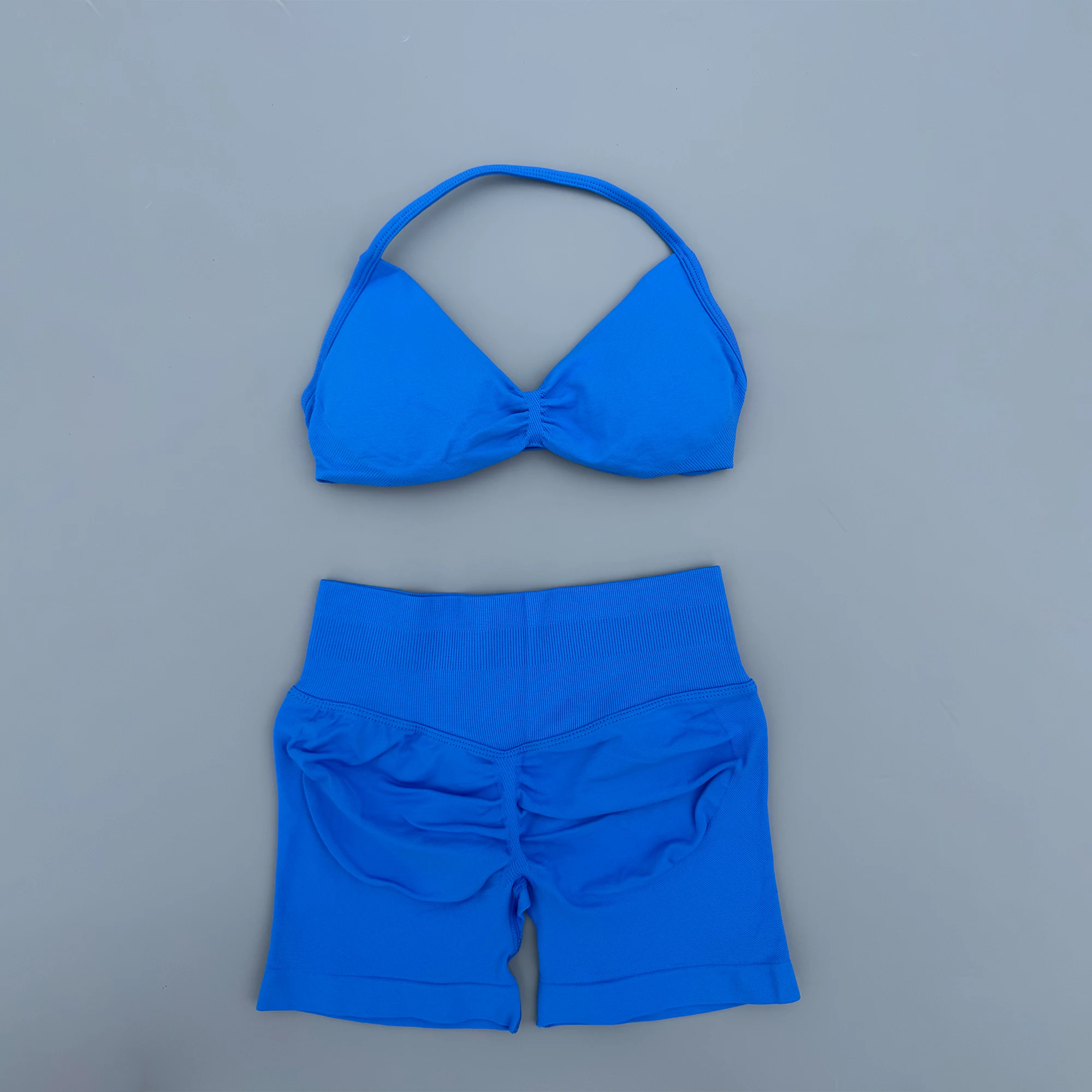 2 Piece Sports Gym Set Strappy Bra Ruched Backless Halter Push Up Yoga Scrunch Shorts Running Sportswear Woman Seamless Yoga Set