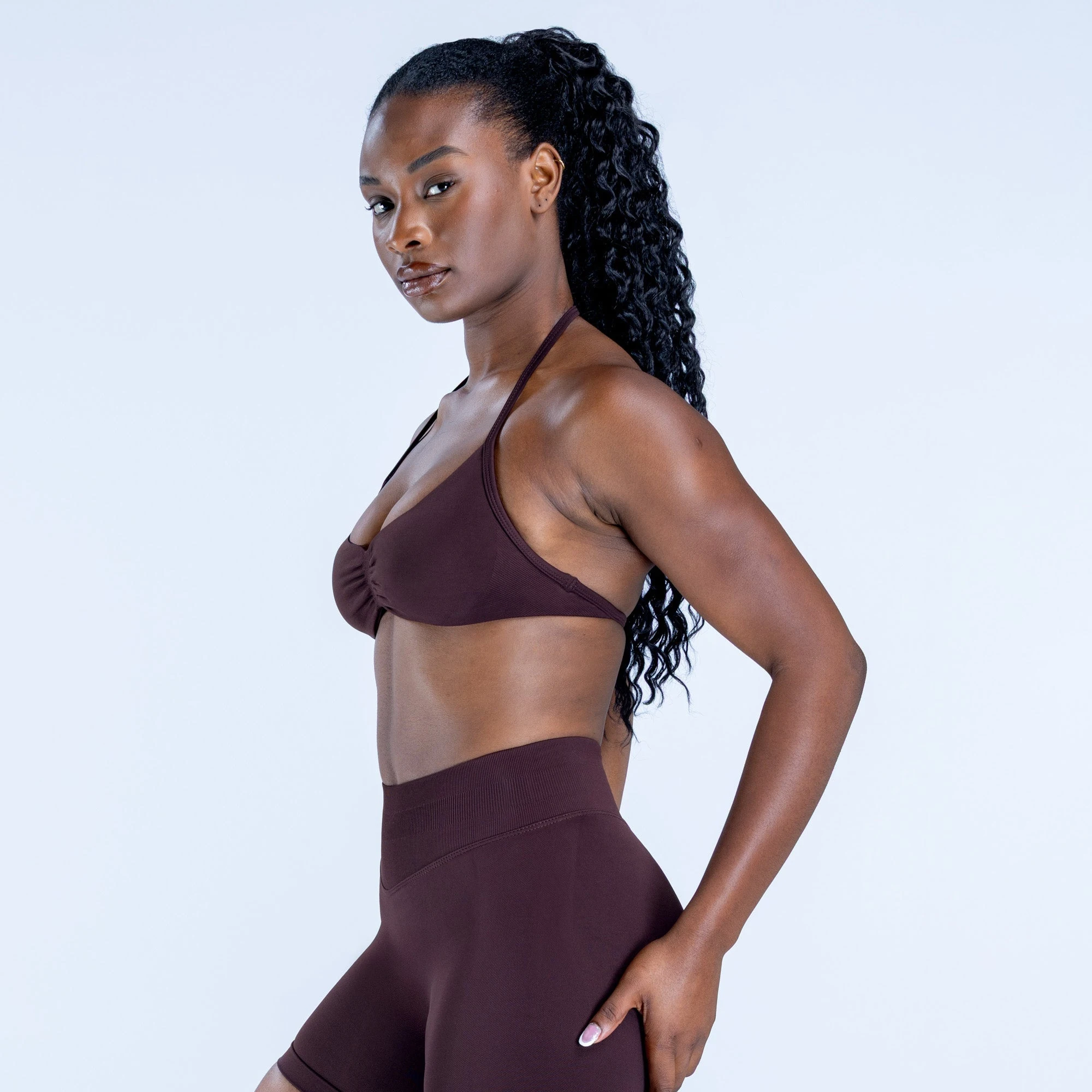 2 Piece Sports Gym Set Strappy Bra Ruched Backless Halter Push Up Yoga Scrunch Shorts Running Sportswear Woman Seamless Yoga Set
