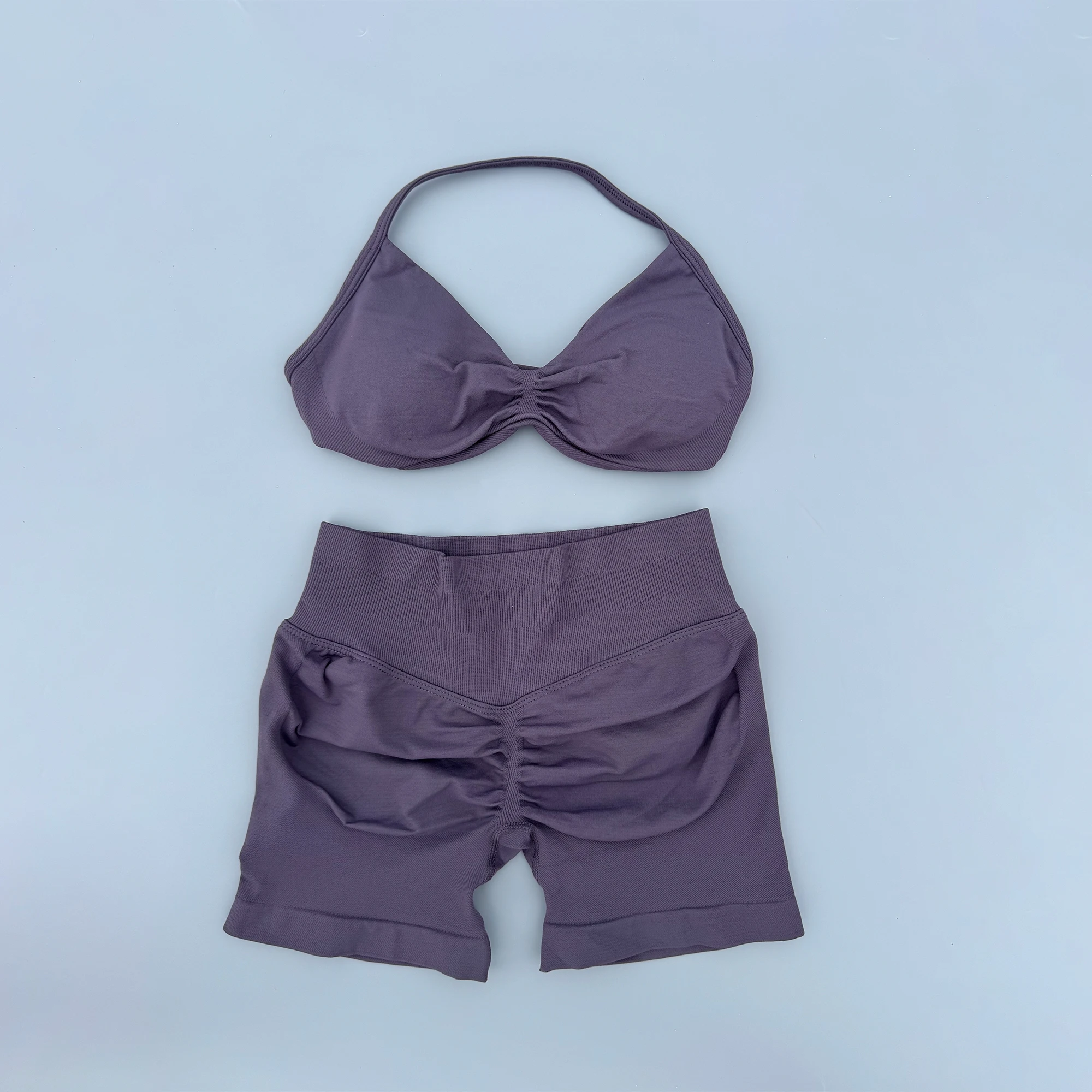 2 Piece Sports Gym Set Strappy Bra Ruched Backless Halter Push Up Yoga Scrunch Shorts Running Sportswear Woman Seamless Yoga Set