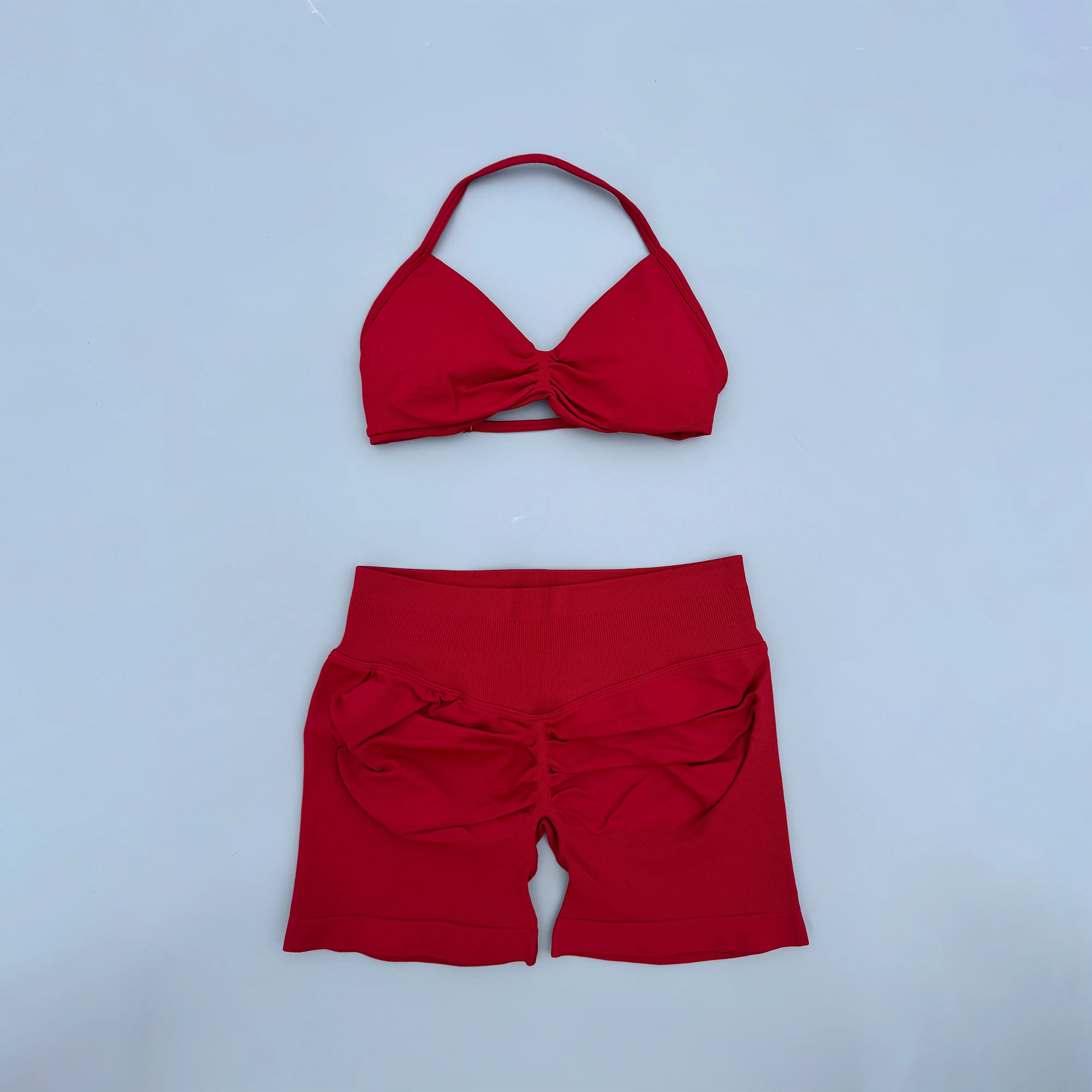 2 Piece Sports Gym Set Strappy Bra Ruched Backless Halter Push Up Yoga Scrunch Shorts Running Sportswear Woman Seamless Yoga Set