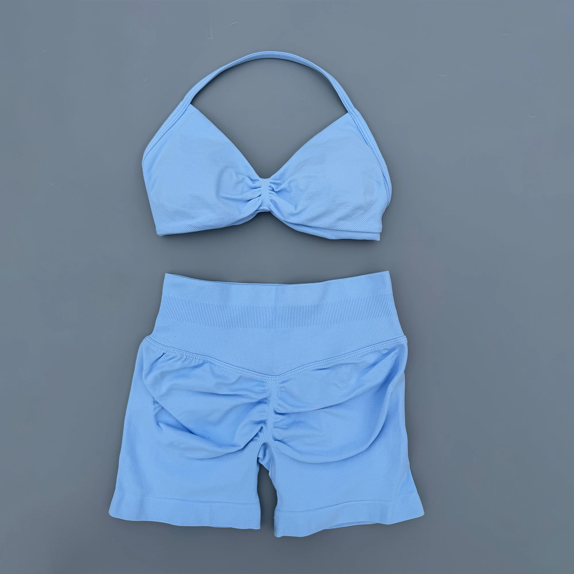 2 Piece Sports Gym Set Strappy Bra Ruched Backless Halter Push Up Yoga Scrunch Shorts Running Sportswear Woman Seamless Yoga Set