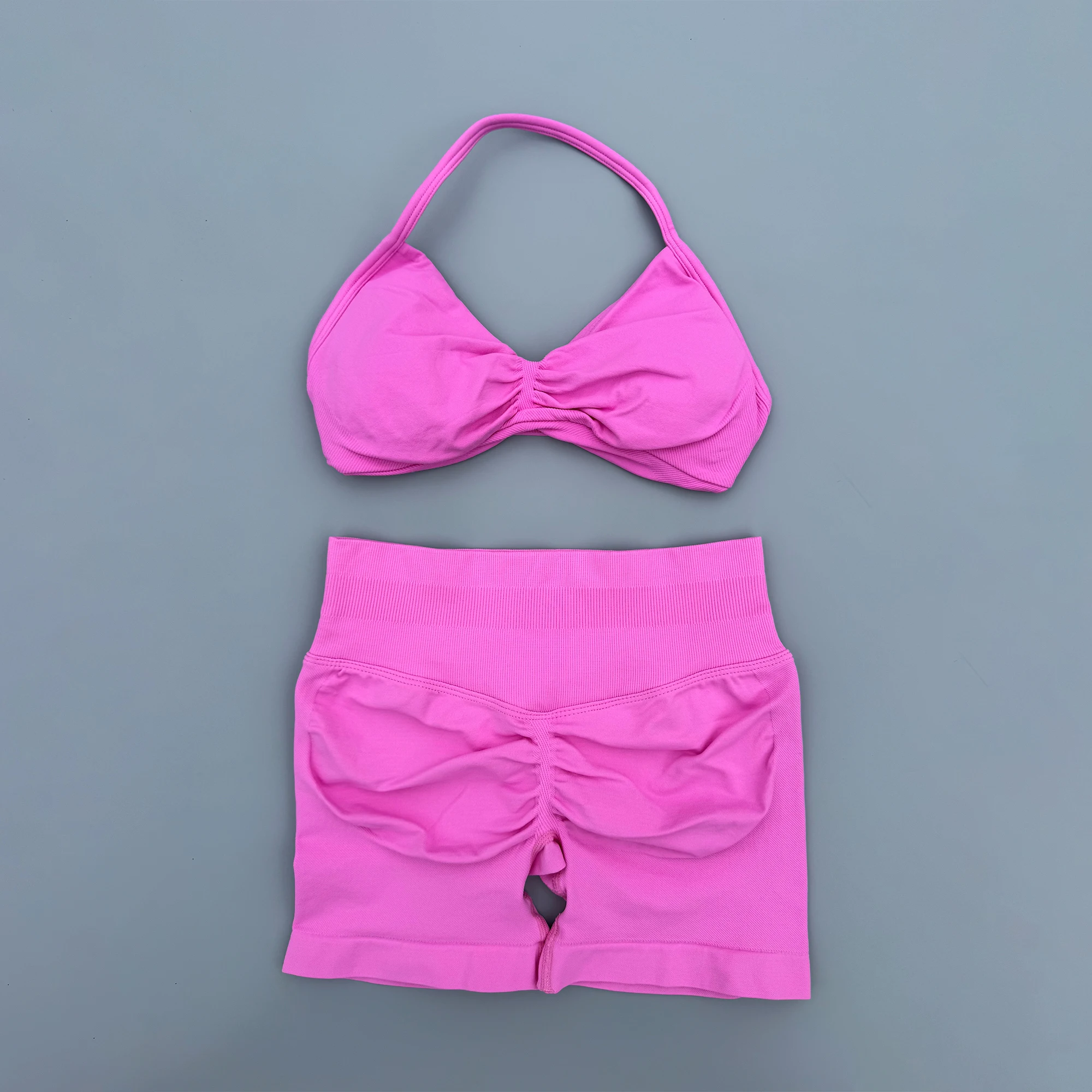 2 Piece Sports Gym Set Strappy Bra Ruched Backless Halter Push Up Yoga Scrunch Shorts Running Sportswear Woman Seamless Yoga Set