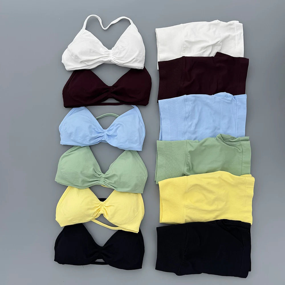 2 Piece Sports Gym Set Strappy Bra Ruched Backless Halter Push Up Yoga Scrunch Shorts Running Sportswear Woman Seamless Yoga Set