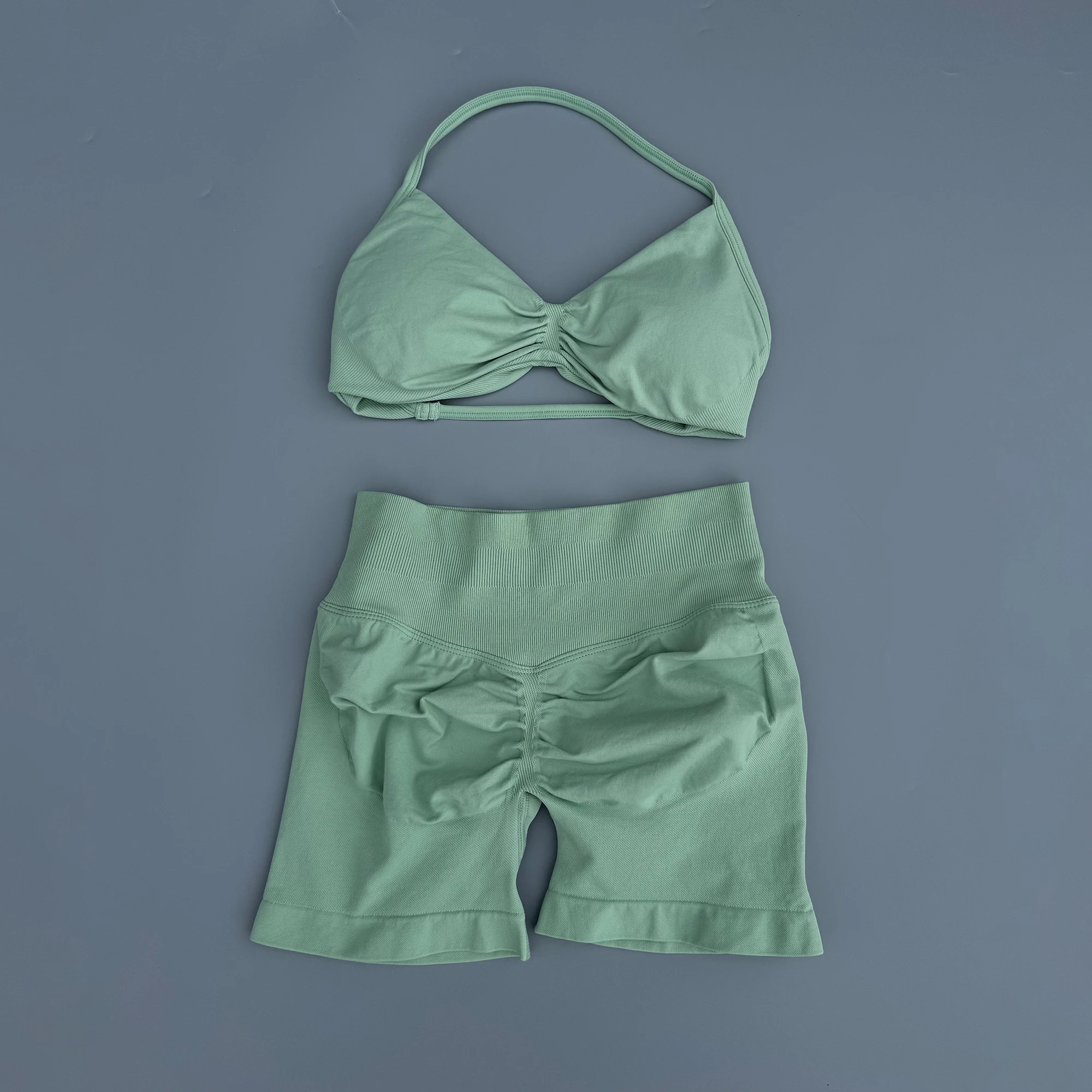 2 Piece Sports Gym Set Strappy Bra Ruched Backless Halter Push Up Yoga Scrunch Shorts Running Sportswear Woman Seamless Yoga Set